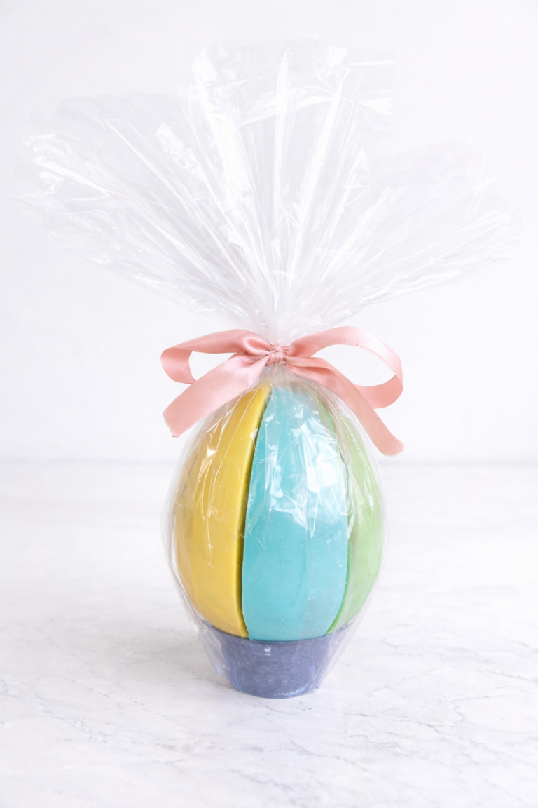 Ovo de Páscoa em fatias coloridas da Le Pavê Paveteria embalado para presente